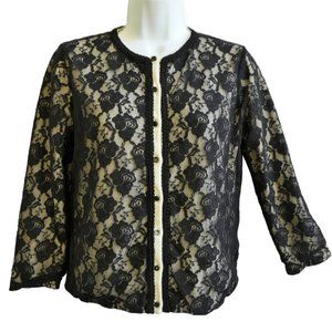 Y2K Odille Floral Black Overlay Lace Ivory Cotton Knit Cardigan Elegant